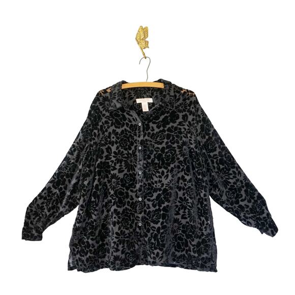 CLOTHES Floral Rose Burnout Velvet Button Up Top 2X Ease Witchy Whimsigoth Loose - Picture 1 of 13